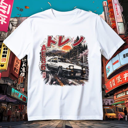 Koszulka AE86 Trueno z biało-czarnym autem w drifcie, górą Fuji, sakurą i trasą Hakone