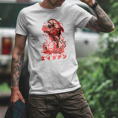 Koszulka z obcym - czerwony potwór w klimacie horroru
