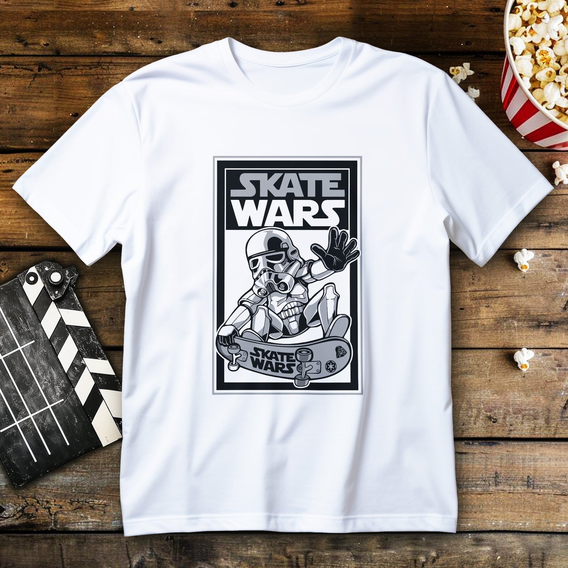 Koszulka Skate Wars z opancerzonym skaterem wykonującym trik na deskorolce