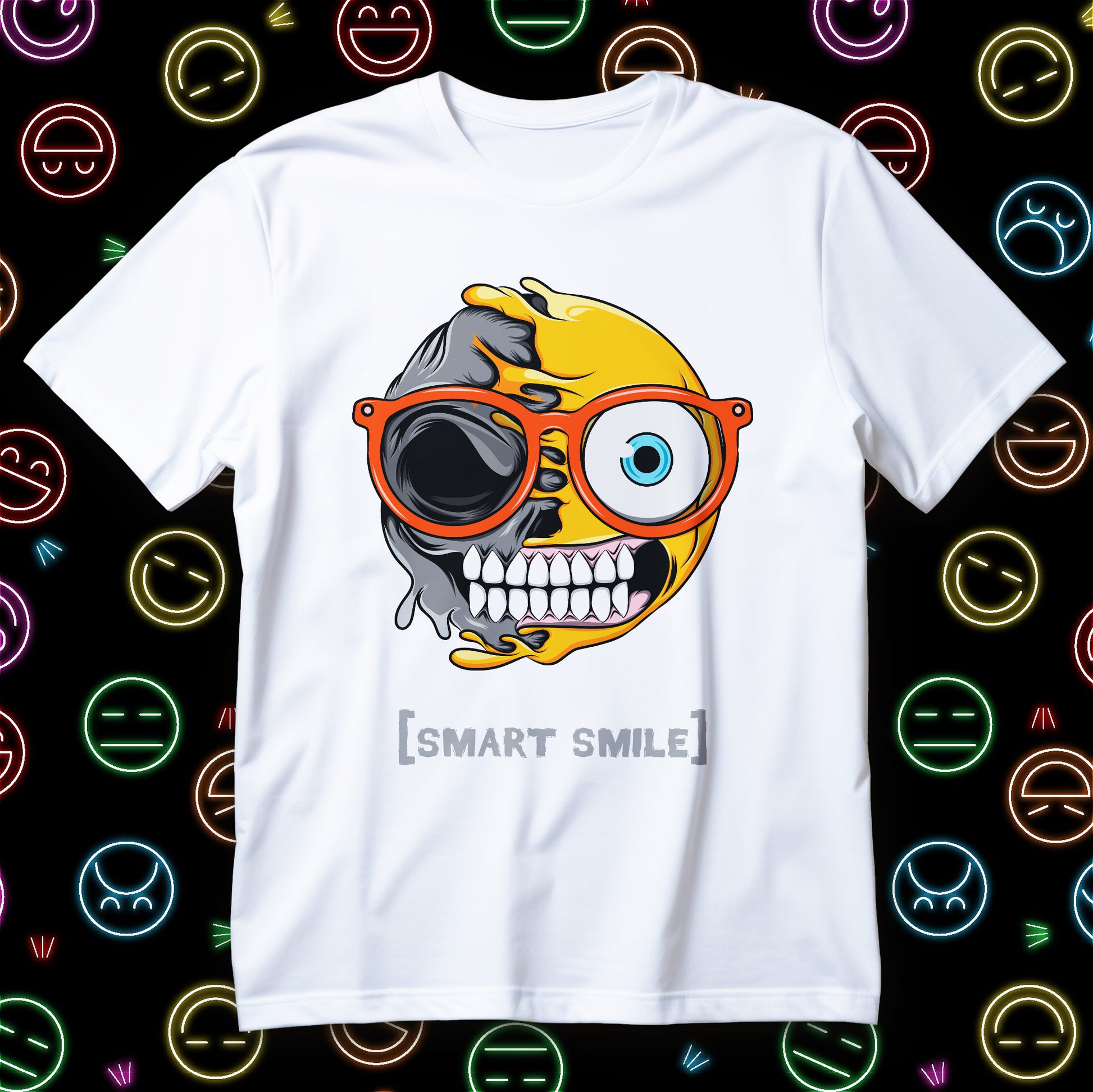 Koszulka SMART SMILE z pół żółtą emotką, pół szarą czaszką i pomarańczowymi okularami