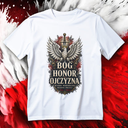 Koszulka patriotyczna Bóg Honor Ojczyzna z ukoronowanym orłem, mieczem oraz datami 966 i 1966