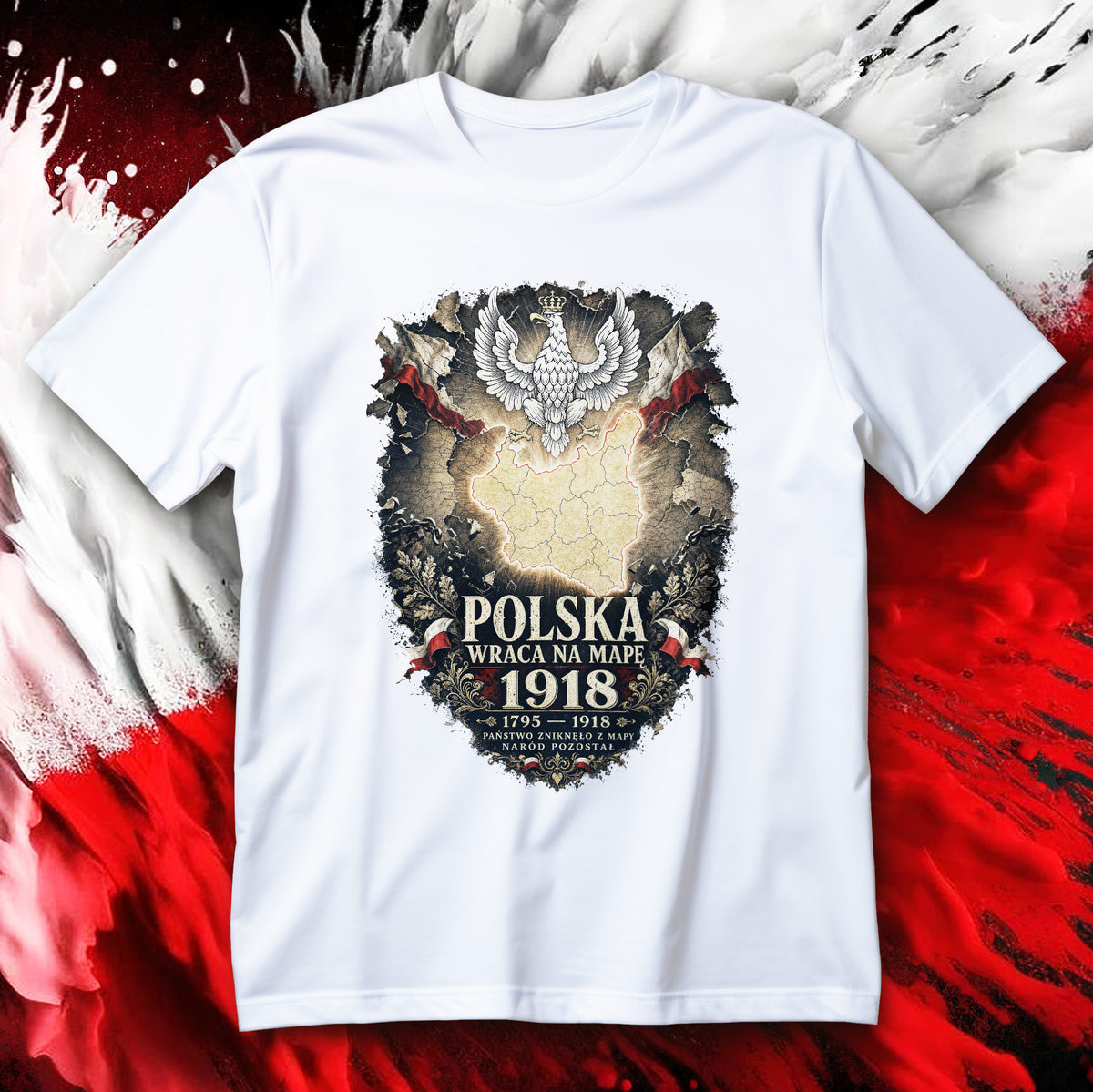 Koszulka patriotyczna Polska 1918 - orzeł w koronie, mapa kraju, biało-czerwone flagi i zerwane łańcuchy