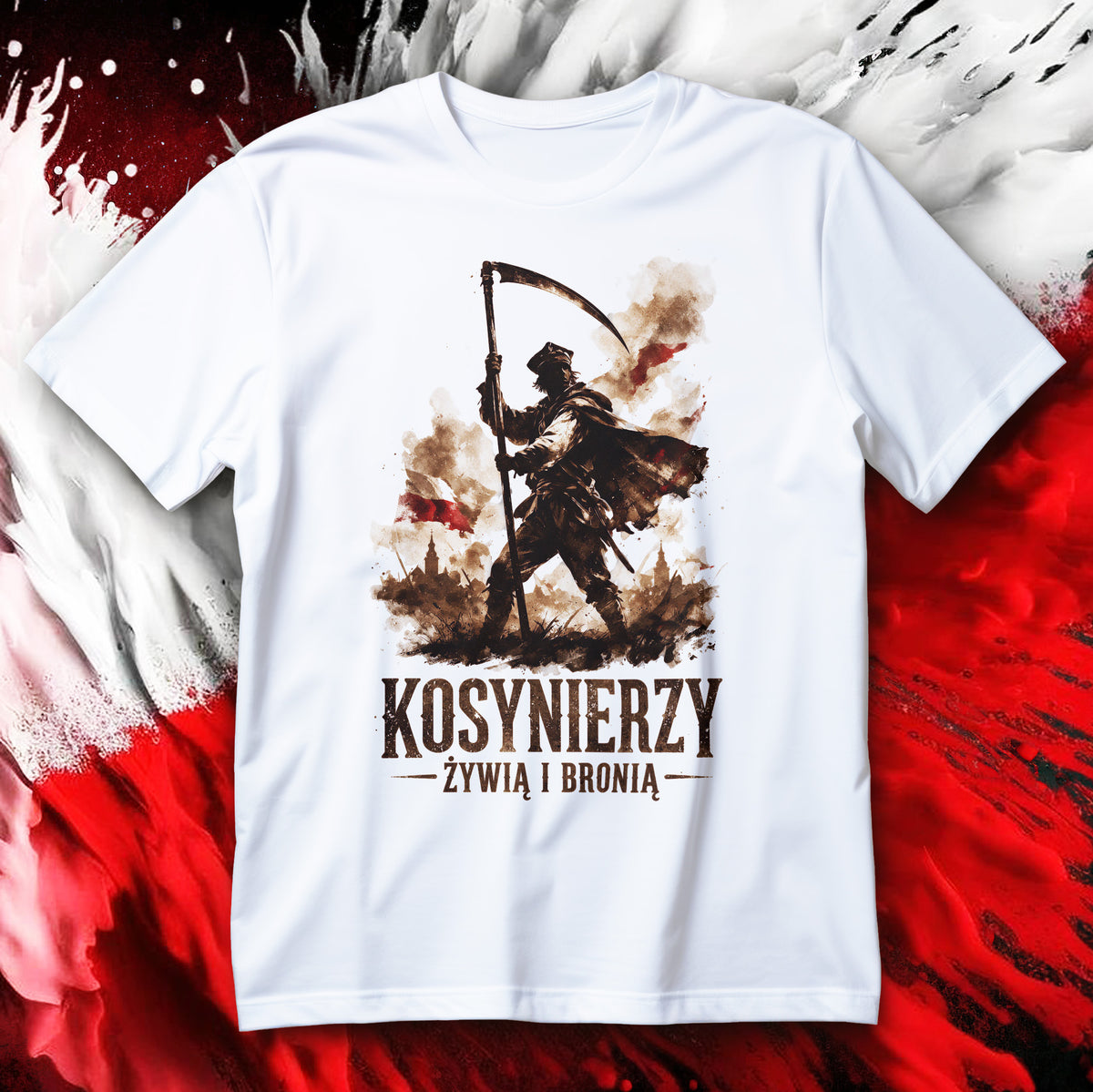 Koszulka Kosynierzy - postać z uniesioną kosą, biało-czerwone tło oraz napis ŻYWIĄ I BRONIĄ