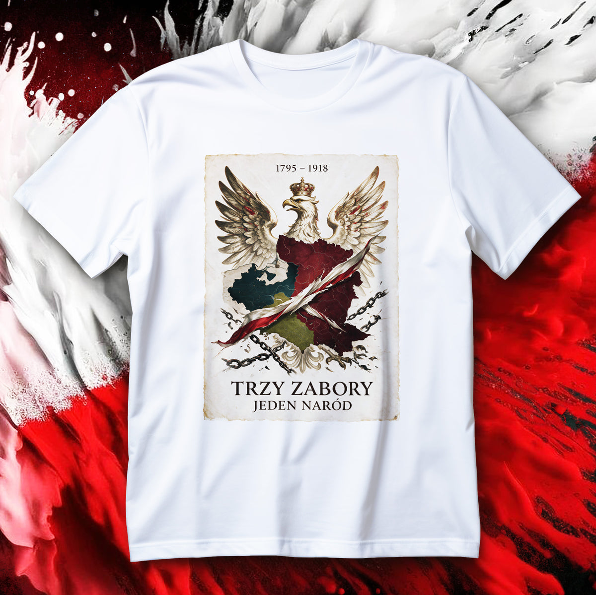 Koszulka patriotyczna z Orłem Białym, mapą ziem pod zaborami, biało-czerwoną wstęgą i napisem Trzy Zabory Jeden Naród