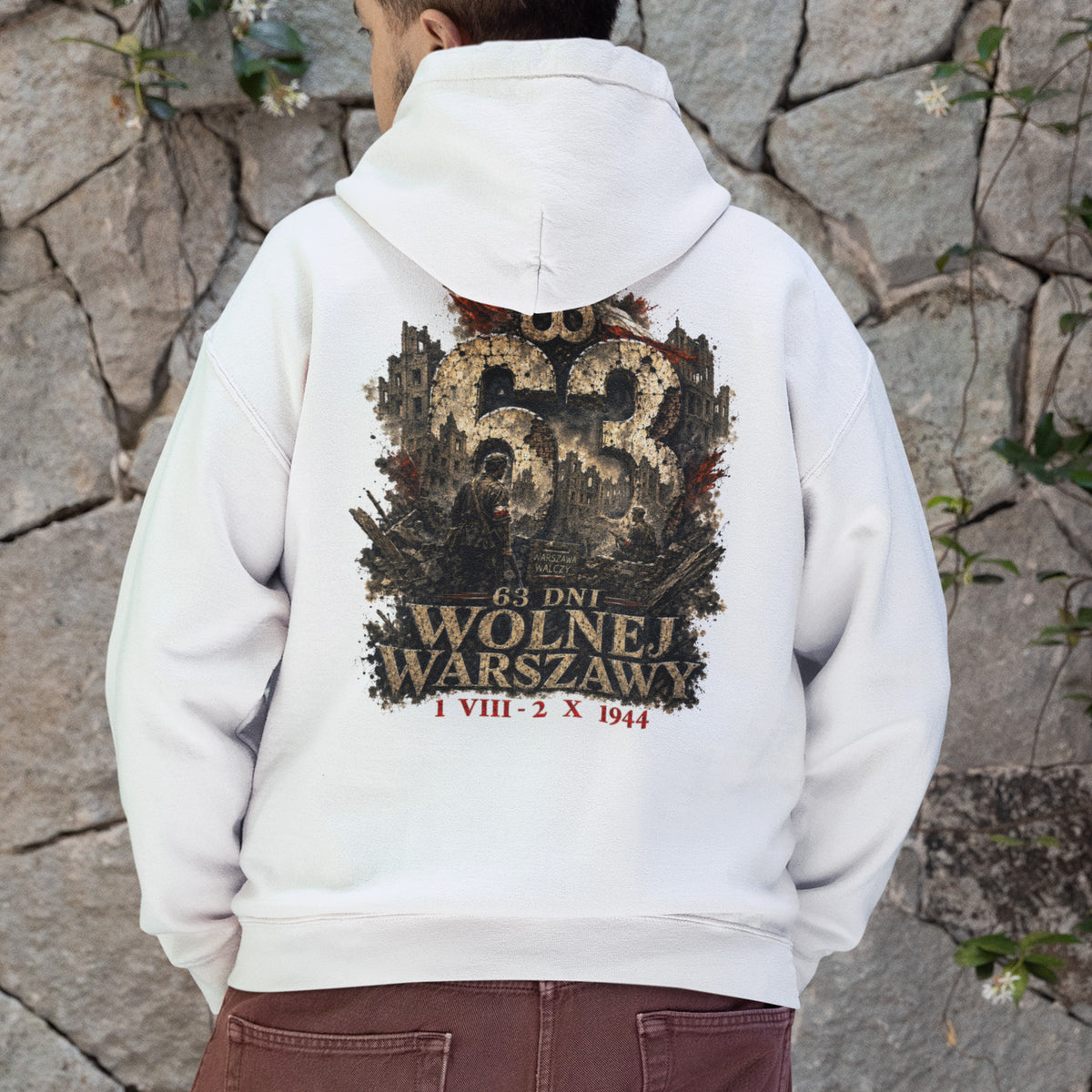 Bluza Powstanie Warszawskie z ruinami miasta, symbolem Polski Walczącej oraz napisami 63 DNI i WOLNEJ WARSZAWY