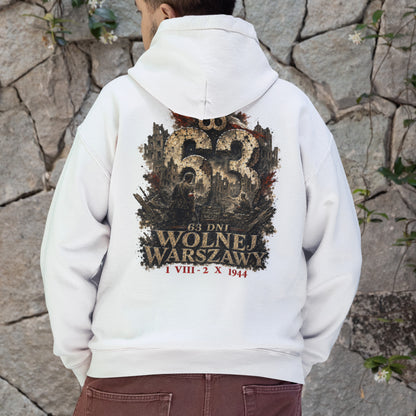 Bluza Powstanie Warszawskie z ruinami miasta, symbolem Polski Walczącej oraz napisami 63 DNI i WOLNEJ WARSZAWY