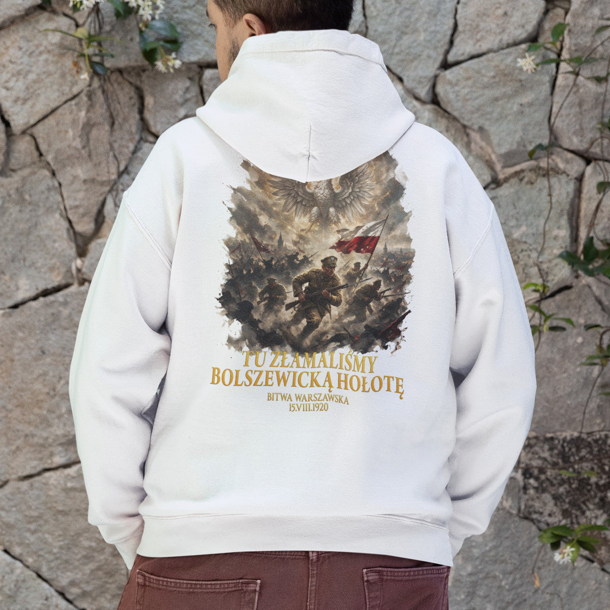 Bluza patriotyczna Bitwa Warszawska 1920 z orłem w koronie, polską flagą i żołnierzami biegnącymi do walki