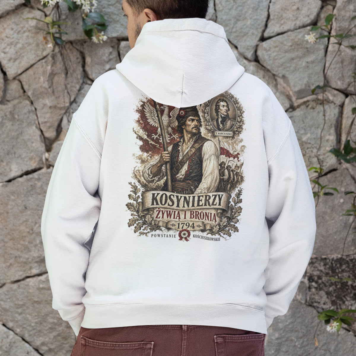 Bluza Kosynierzy 1794 z kosynierem, kosą, białym orłem, biało-czerwoną flagą i napisem ŻYWIĄ I BRONIĄ