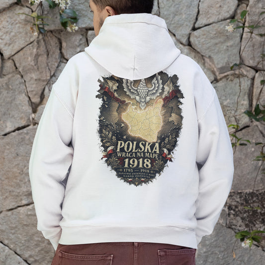 Bluza patriotyczna Polska 1918 z mapą kraju, orłem w koronie, zerwanymi łańcuchami i biało-czerwonymi flagami