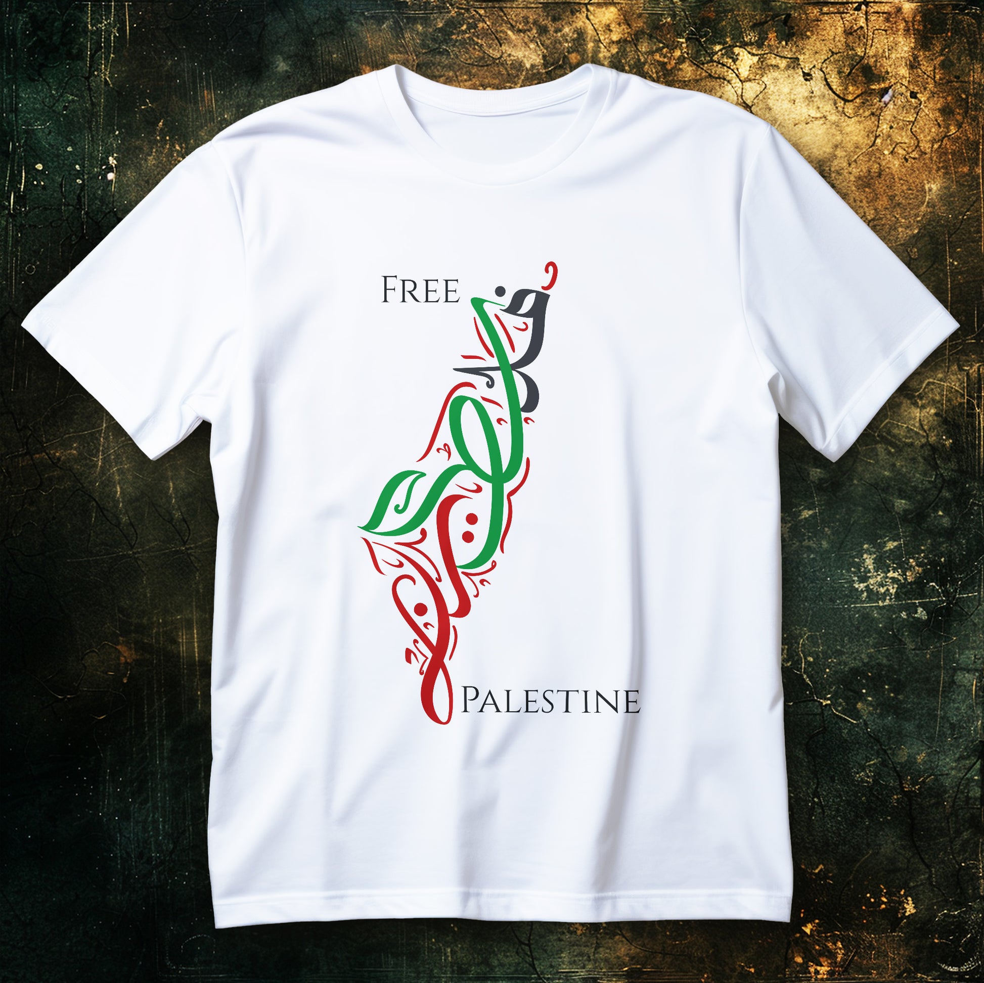 Koszulka Free Palestine z pionowym motywem w czerwieni, zieleni i ciemnej szarości na czarnym tle