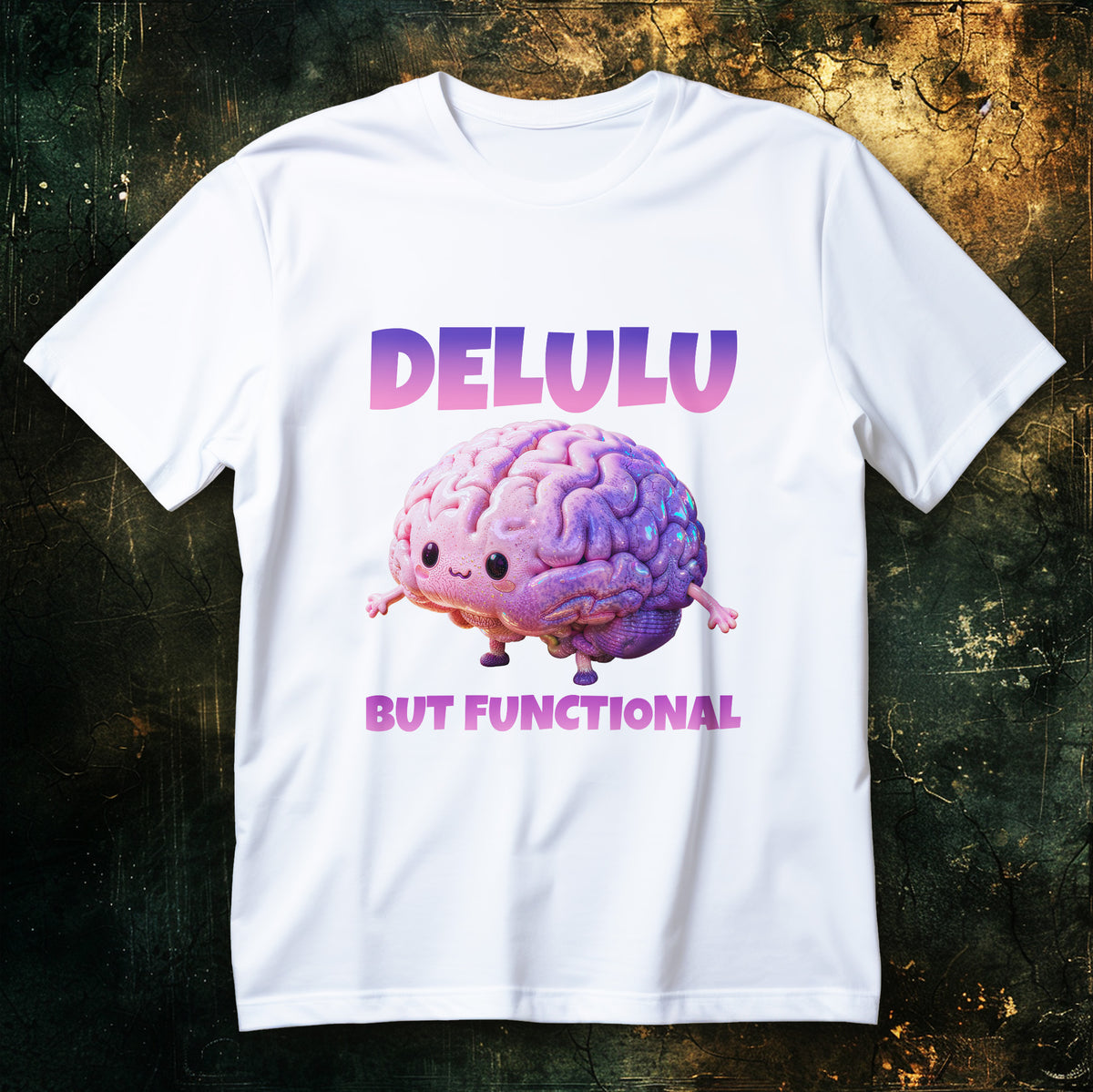 Koszulka delulu but functional z nadrukiem pastelowego błyszczącego mózgu i napisem DELULU BUT FUNCTIONAL