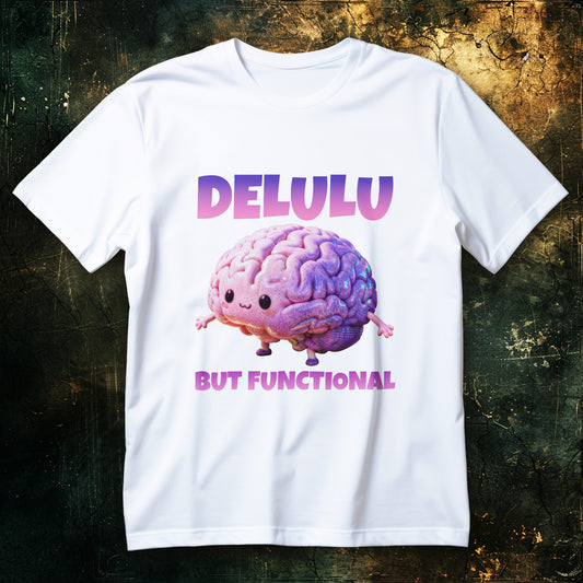 Koszulka delulu but functional z nadrukiem pastelowego błyszczącego mózgu i napisem DELULU BUT FUNCTIONAL