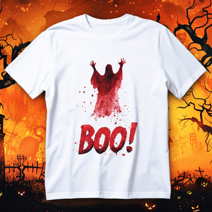 Koszulka Halloween z czerwonym duchem, rozpryskami farby i dużym napisem Boo! na czarnym tle