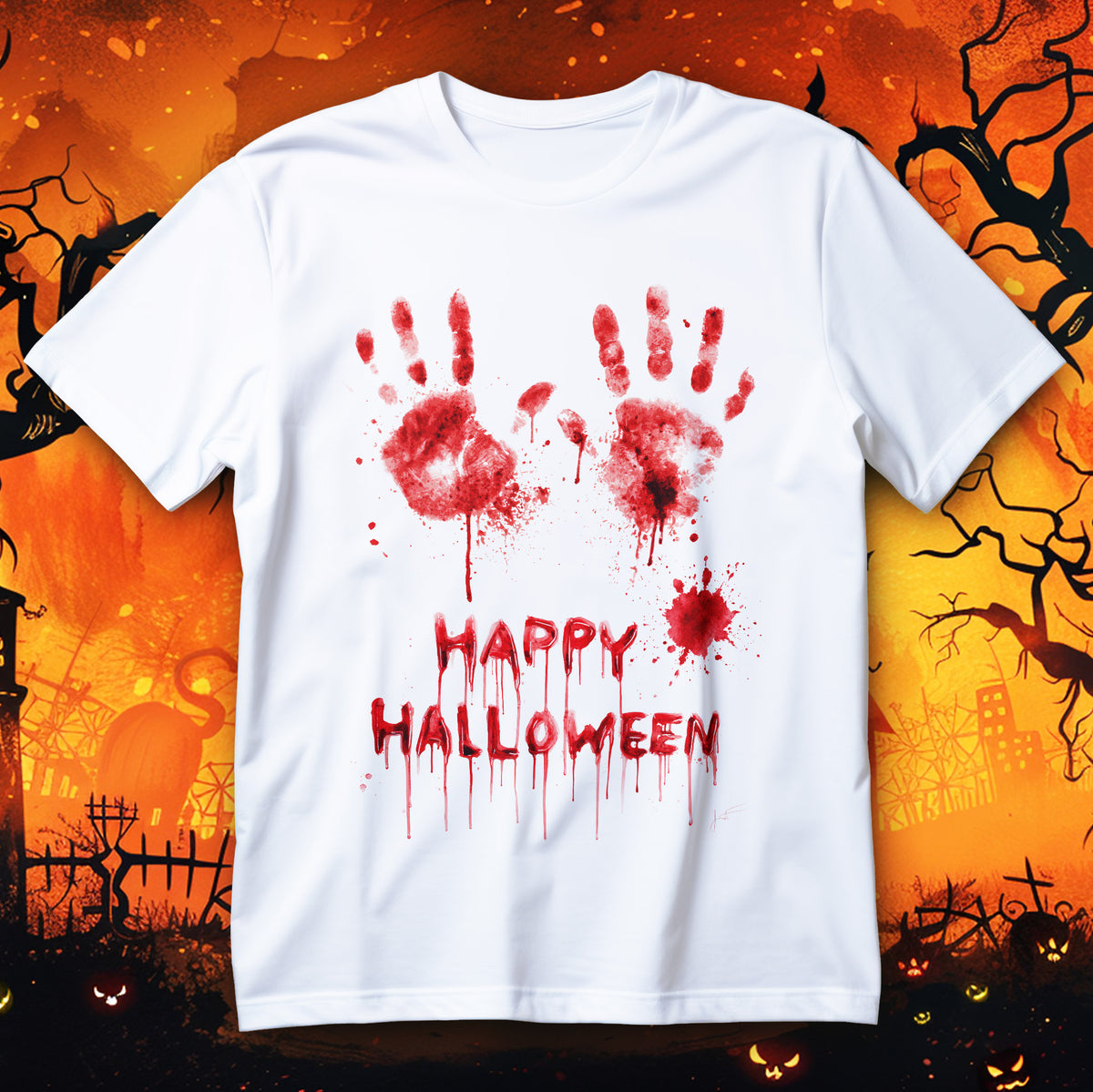 Koszulka Halloween z czerwonymi odciskami dłoni, rozpryskami i napisem HAPPY HALLOWEEN