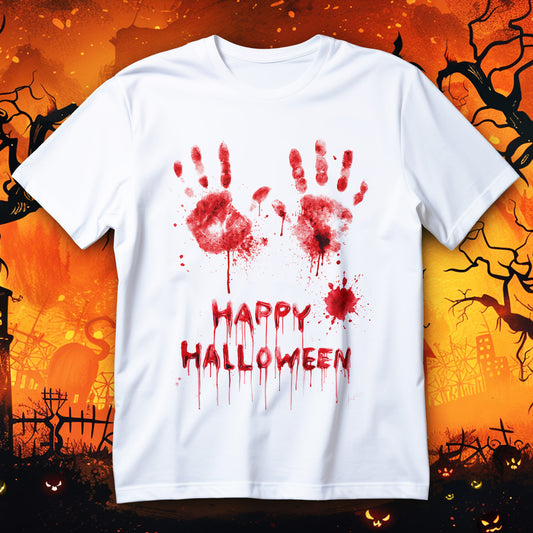 Koszulka Halloween z czerwonymi odciskami dłoni, rozpryskami i napisem HAPPY HALLOWEEN