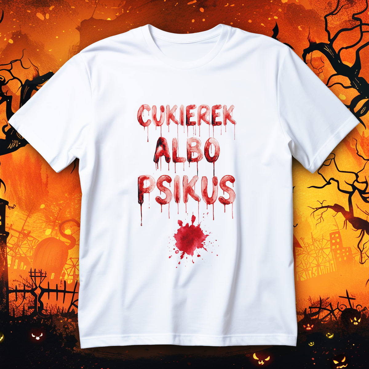 Koszulka Halloween z czerwonym napisem CUKIEREK ALBO PSIKUS, zaciekami i rozpryskiem 