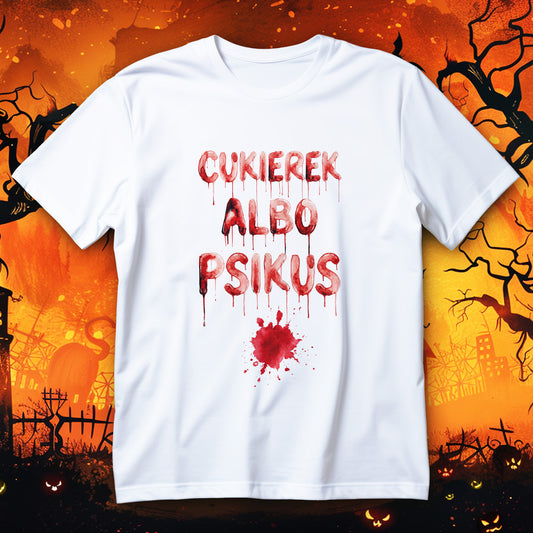 Koszulka Halloween z czerwonym napisem CUKIEREK ALBO PSIKUS, zaciekami i rozpryskiem 
