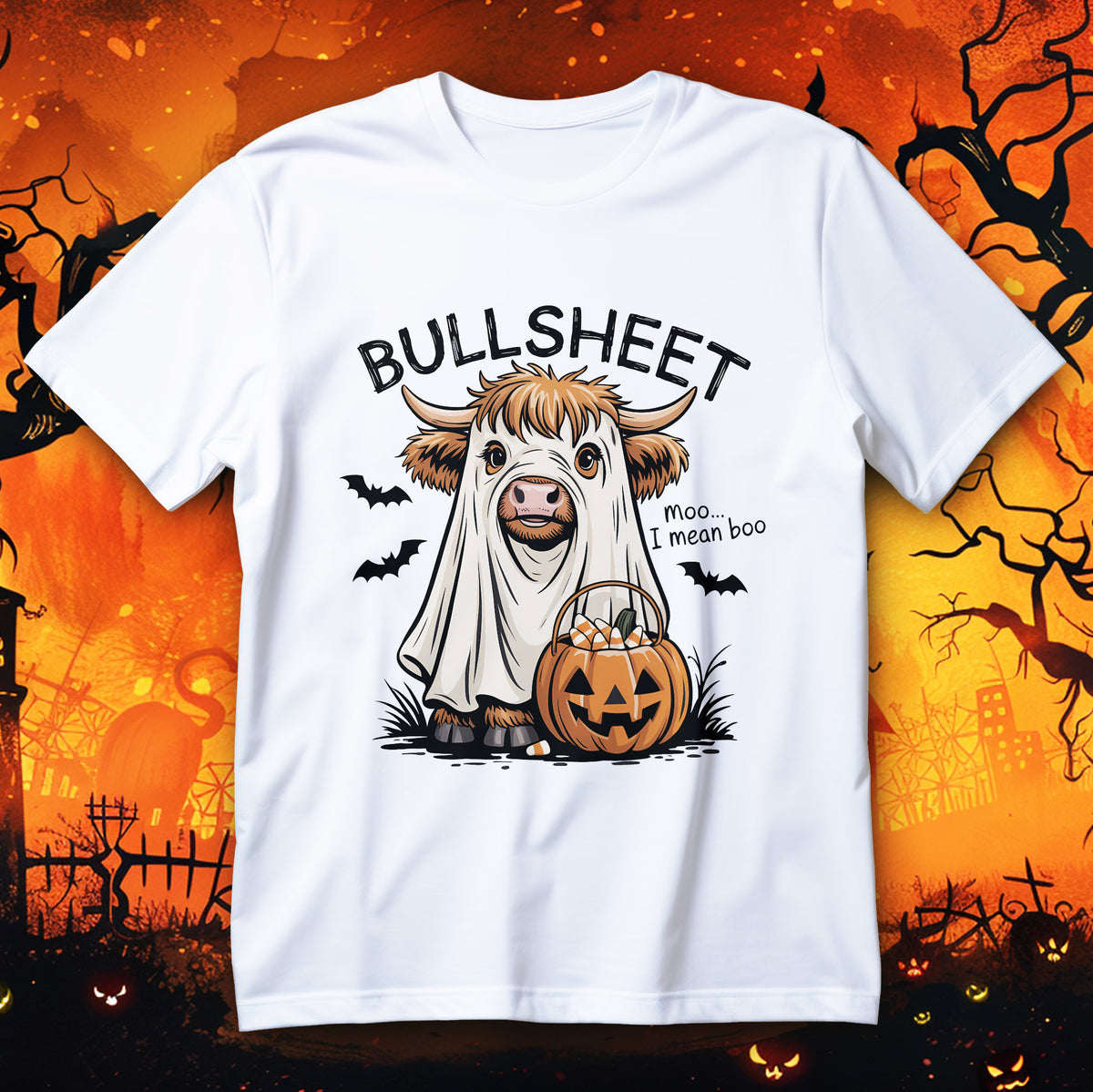 Śmieszna koszulka Halloween BULLSHEET z bykiem w prześcieradle, dyniowym koszykiem i nietoperzami