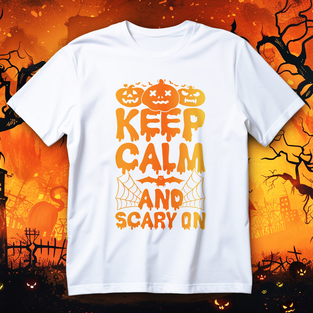 Koszulka Halloween z napisem KEEP CALM AND SCARY ON, trzema dyniami, nietoperzami i pajęczynami