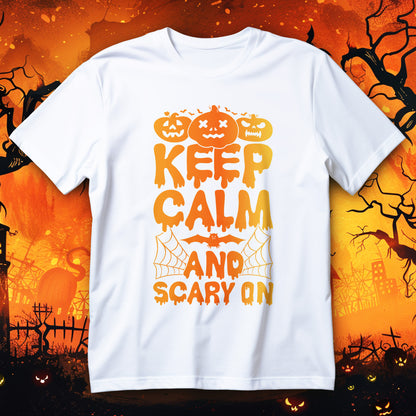Koszulka Halloween z napisem KEEP CALM AND SCARY ON, trzema dyniami, nietoperzami i pajęczynami