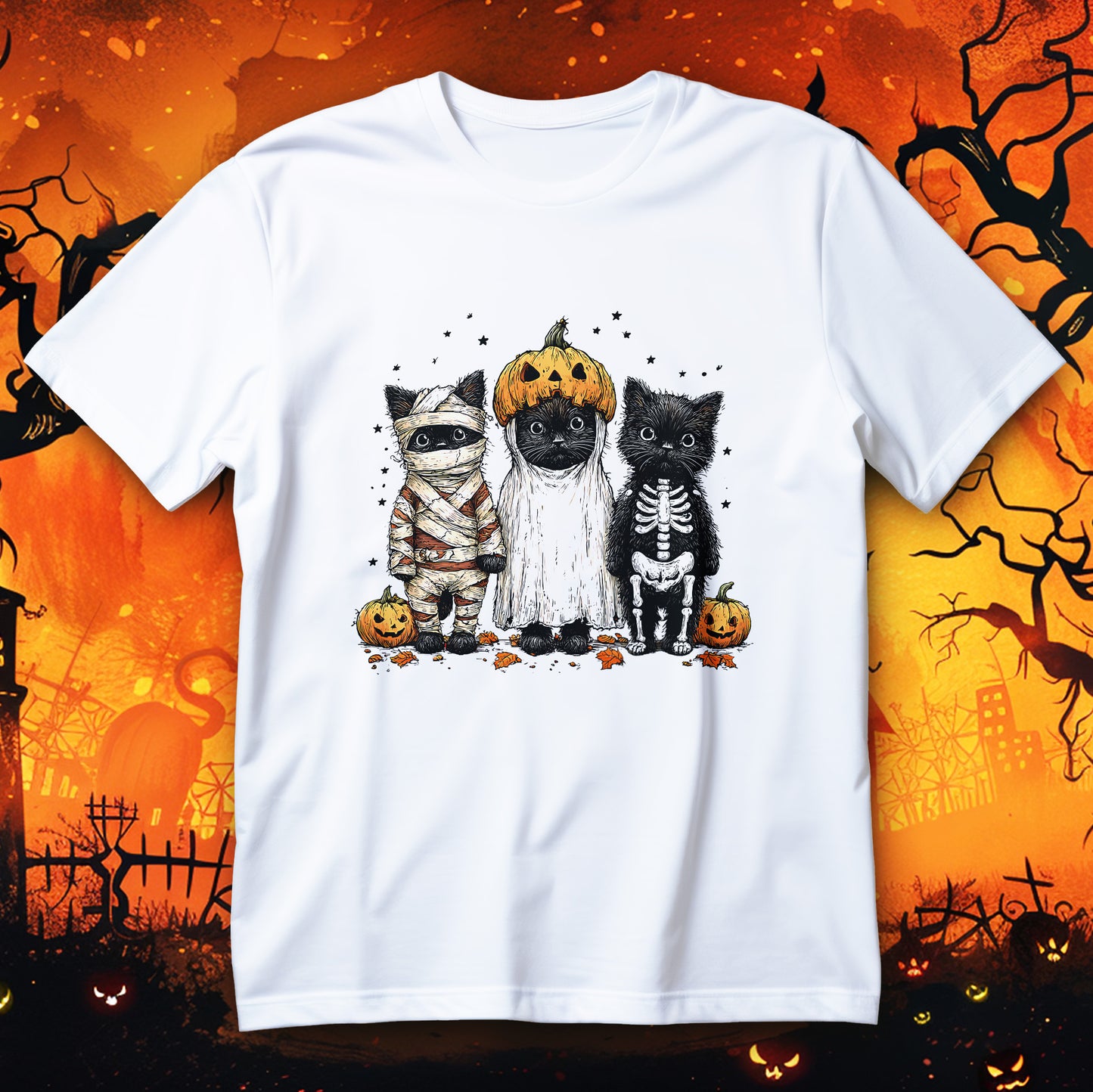 Koszulka Halloween z kotami przebranymi za mumię, ducha i szkielet, z dyniami i jesiennymi liśćmi