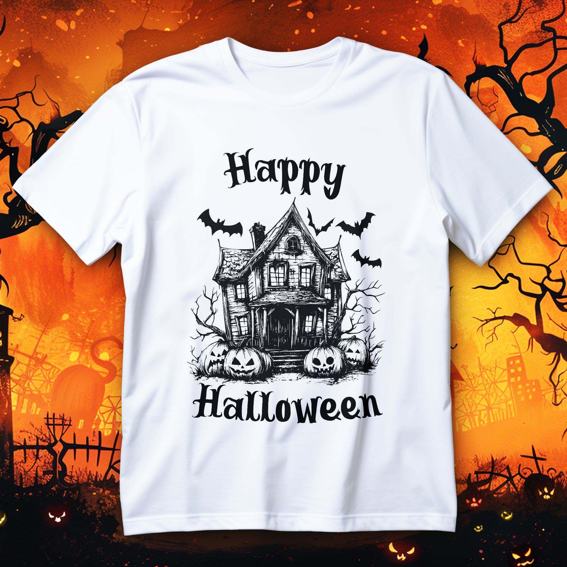 Koszulka Halloween z nawiedzonym domem, nietoperzami, dyniami i bezlistnymi drzewami