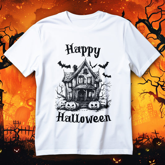 Koszulka Halloween z nawiedzonym domem, nietoperzami, dyniami i bezlistnymi drzewami