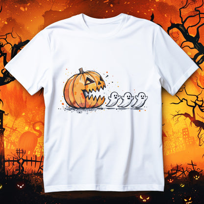 Koszulka Halloween dla gracza z dużą pomarańczową dynią ścigającą trzy białe duchy w stylu retro arcade