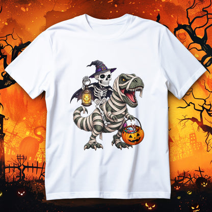 Koszulka Halloween z dinozaurem-mumią, szkieletem w kapeluszu, latarnią i dyniowym koszykiem ze słodyczami