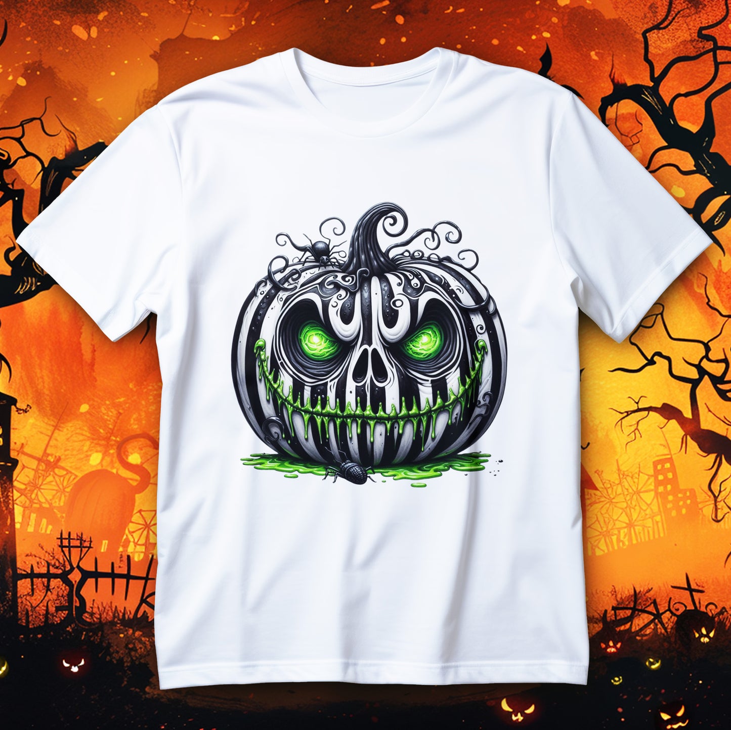 Koszulka Halloween z dynią o czaszkowej twarzy, zielonych oczach, ociekającym uśmiechu i pająkach