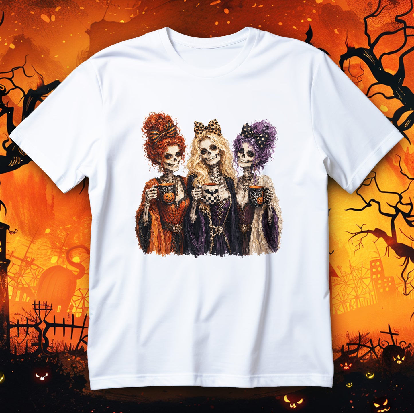 Koszulka Halloween ze szkieletami trzymającymi kubki z dyniami, w kokardach i eleganckich stylizacjach