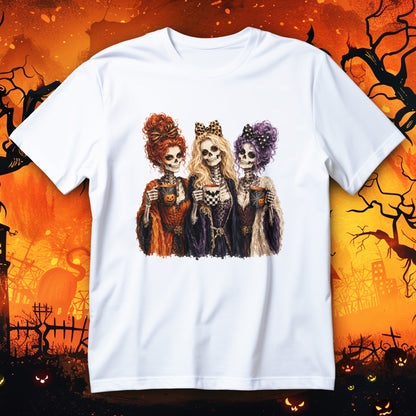 Koszulka Halloween ze szkieletami trzymającymi kubki z dyniami, w kokardach i eleganckich stylizacjach