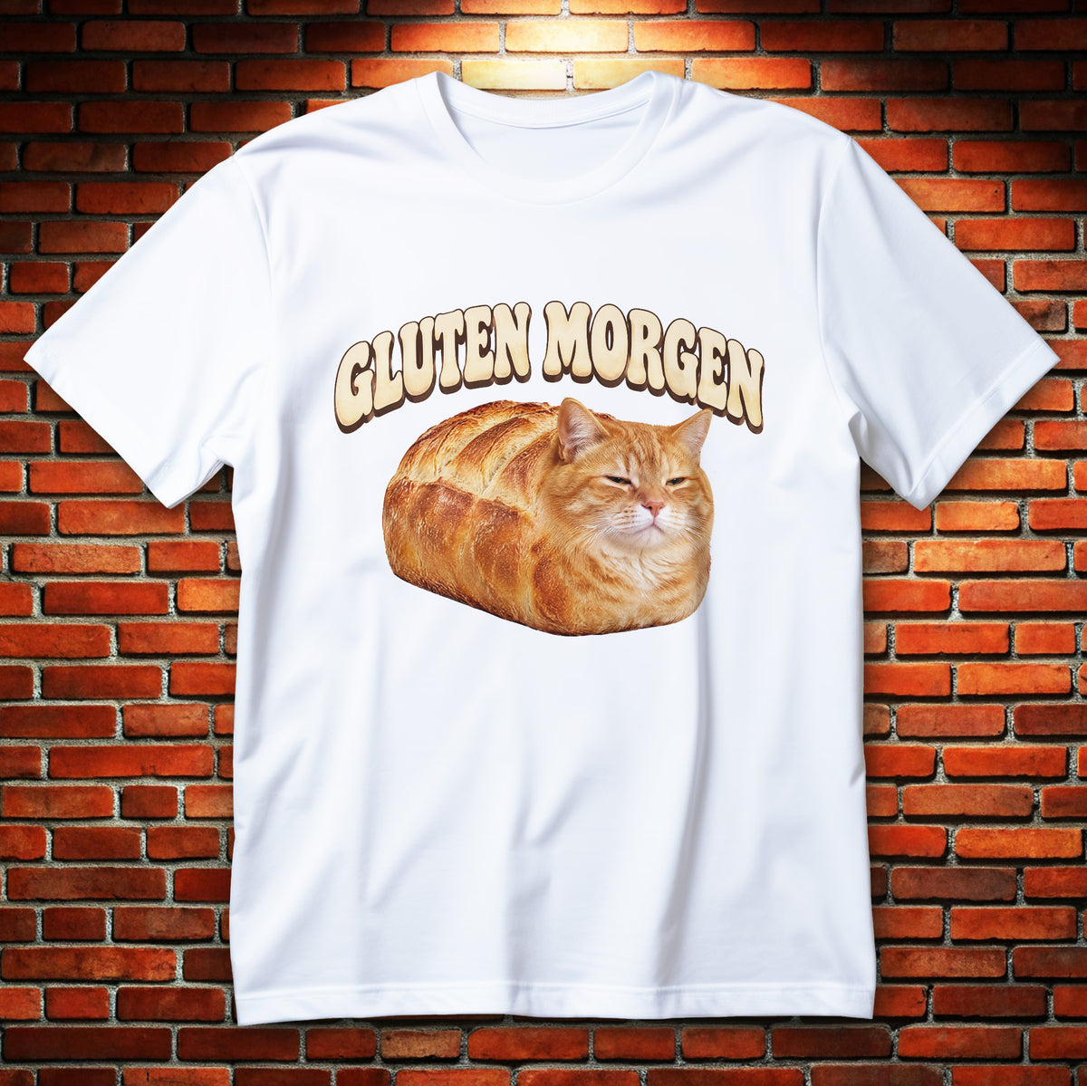 Koszulka z kotem Gluten Morgen z rudym kotem połączonym z bochenkiem chleba i jasnym napisem nad grafiką