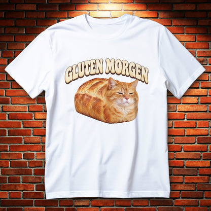 Koszulka z kotem Gluten Morgen z rudym kotem połączonym z bochenkiem chleba i jasnym napisem nad grafiką