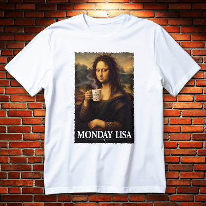 Koszulka z Mona Lisą z kubkiem BUT FIRST COFFEE ♥, potarganymi włosami i napisem MONDAY LISA na dole grafiki