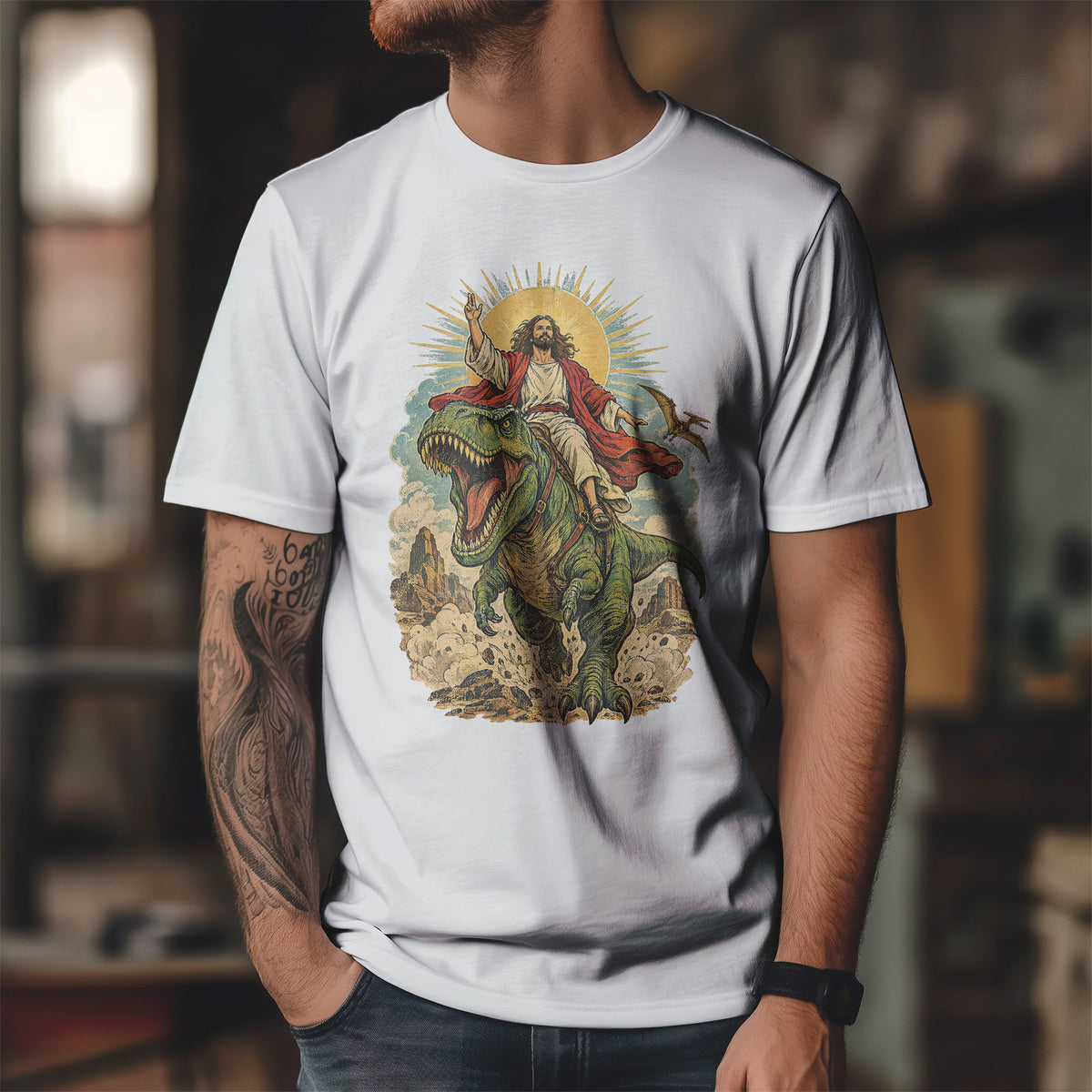 Jezus na T-Rexie - koszulka z prehistoryczną mocą