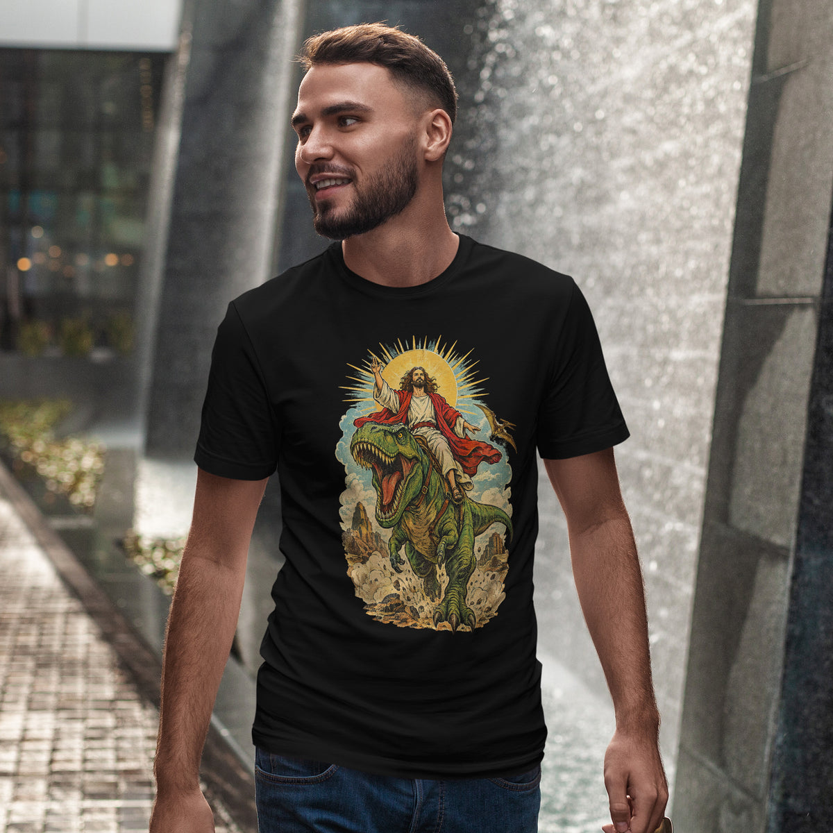 Jezus na T-Rexie - koszulka z prehistoryczną mocą