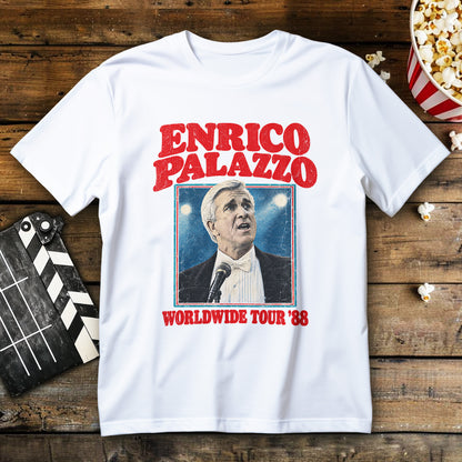 Koszulka retro z nadrukiem ENRICO PALAZZO, mężczyzną przy mikrofonie i napisem WORLDWIDE TOUR '88