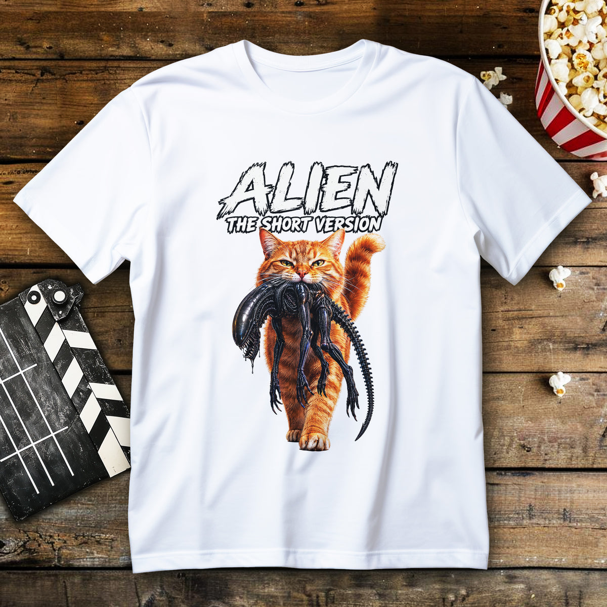 Koszulka sci-fi z kotem, rudym kotem niosącym czarną kosmiczną istotę i napisem ALIEN THE SHORT VERSION