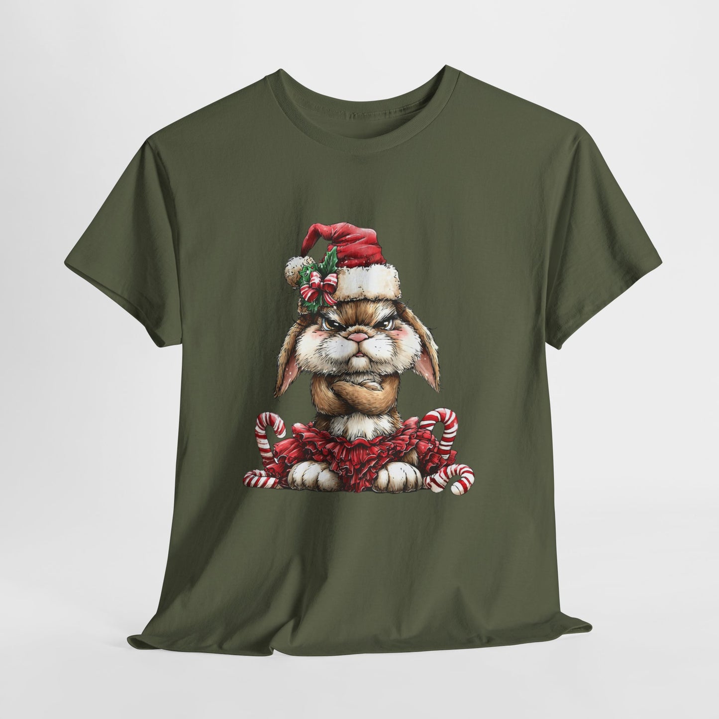 Grumpy Christmas Bunny Shirt - Funny Santa Hat Rabbit in Red Tutu Tee, Candy Cane Holiday T-Shirt, Cute Sarcastic Gift for Women & Men