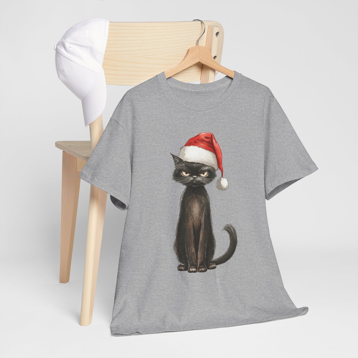 Christmas Black Cat Shirt - Funny Moody Kitty in Santa Hat Tee, Watercolor Holiday T-Shirt, Sarcastic Xmas Gift for Cat Lovers Men & Women