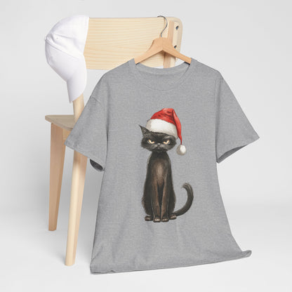 Christmas Black Cat Shirt - Funny Moody Kitty in Santa Hat Tee, Watercolor Holiday T-Shirt, Sarcastic Xmas Gift for Cat Lovers Men & Women