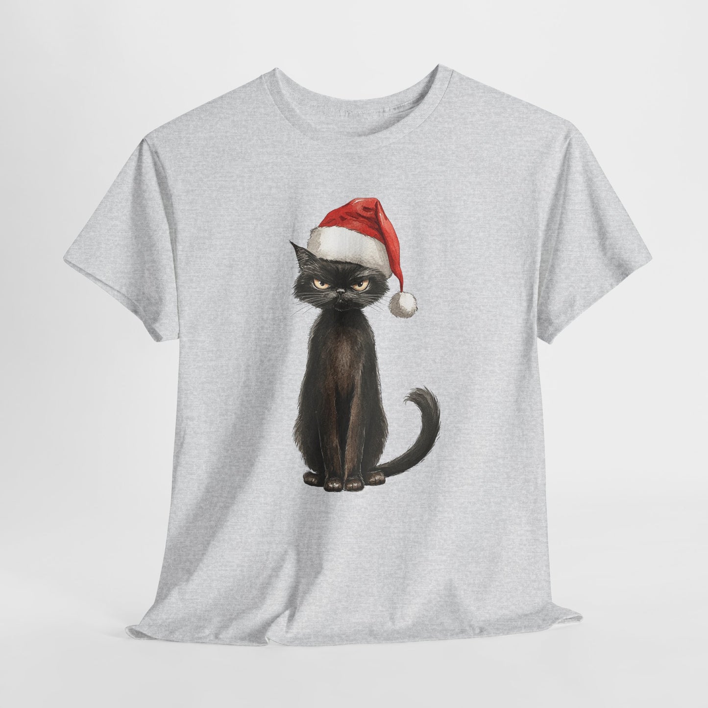 Christmas Black Cat Shirt - Funny Moody Kitty in Santa Hat Tee, Watercolor Holiday T-Shirt, Sarcastic Xmas Gift for Cat Lovers Men & Women