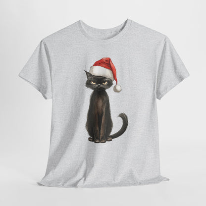 Christmas Black Cat Shirt - Funny Moody Kitty in Santa Hat Tee, Watercolor Holiday T-Shirt, Sarcastic Xmas Gift for Cat Lovers Men & Women