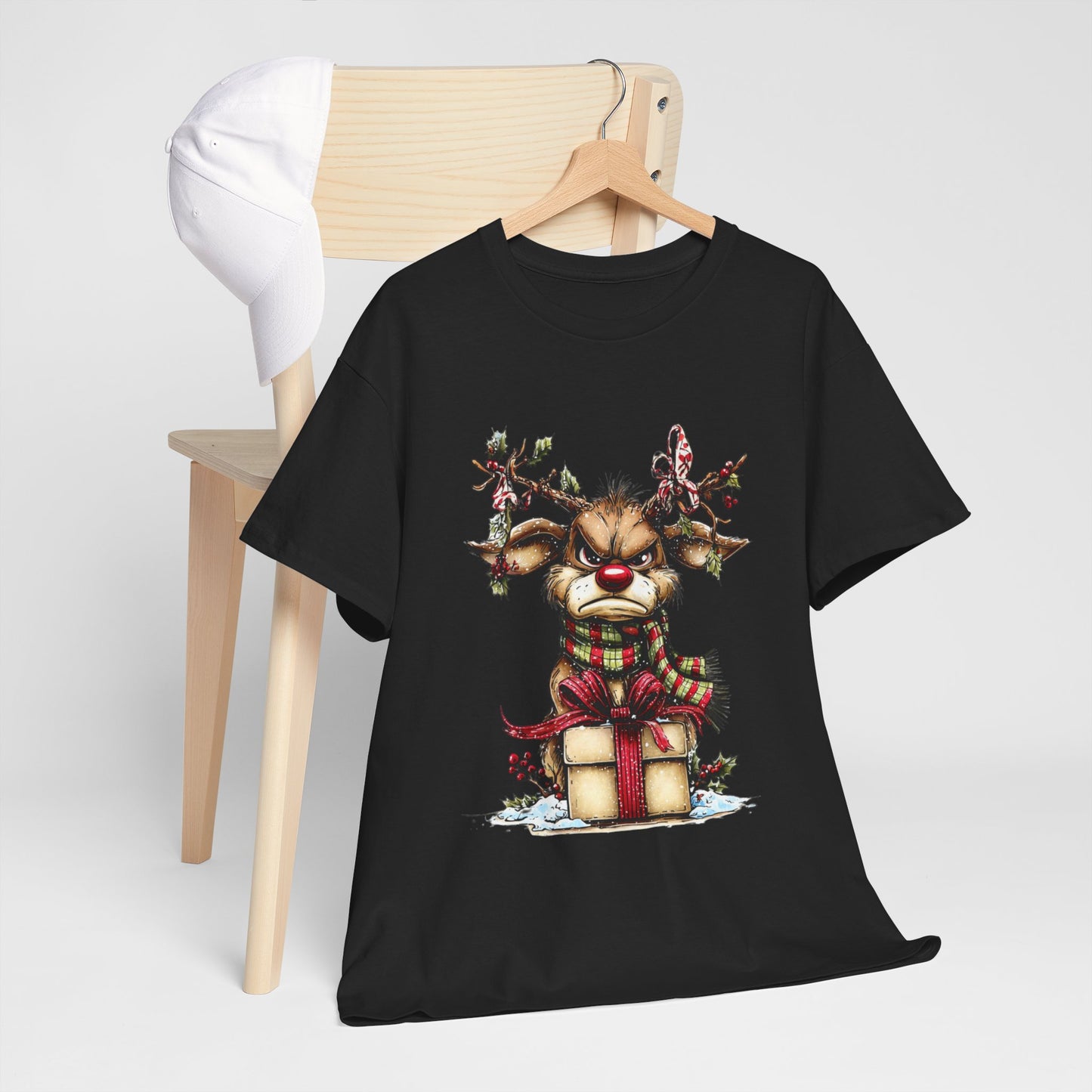 Grumpy Red-Nose Reindeer Shirt - Funny Christmas Reindeer with Gift & Plaid Scarf Tee, Sarcastic Holiday T-Shirt, Cozy Winter Gift
