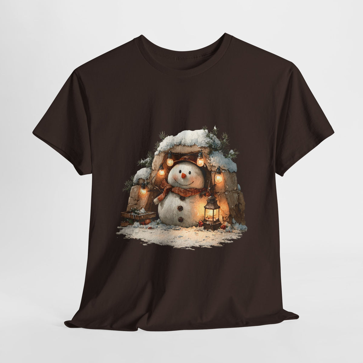 Cozy Lantern Snowman Shirt - Rustic Christmas Snowman with String Lights Tee, Winter Cabin Aesthetic T-Shirt, Cute Holiday Gift