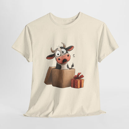 Cow in a Gift Box Shirt - Funny Christmas Surprise Moo Tee, Cute Cartoon Dairy Cow T-Shirt with Present and Bow
