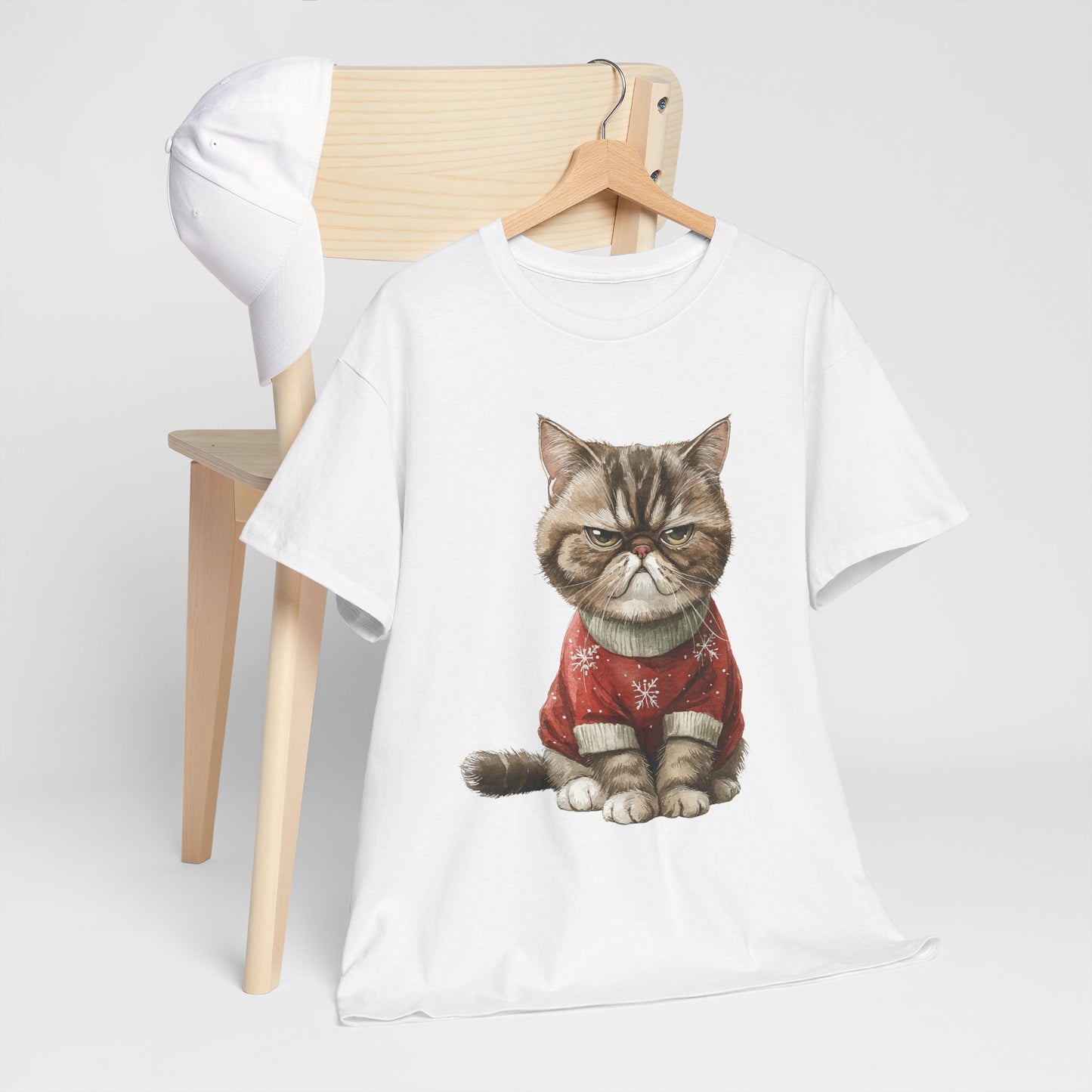 Christmas Grumpy Cat Shirt - Funny Moody Kitty in Red Snowflake Sweater Tee, Cute Winter Watercolor T-Shirt, Holiday Gift for Cat Lovers