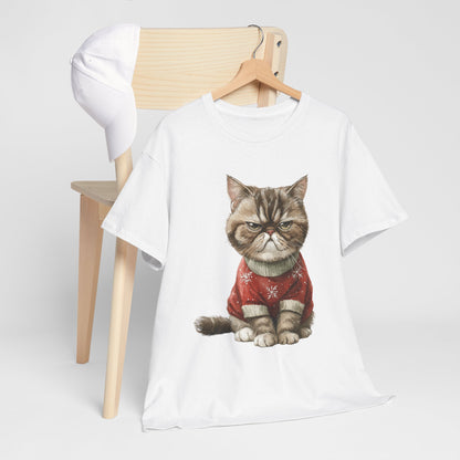 Christmas Grumpy Cat Shirt - Funny Moody Kitty in Red Snowflake Sweater Tee, Cute Winter Watercolor T-Shirt, Holiday Gift for Cat Lovers