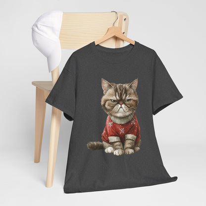 Christmas Grumpy Cat Shirt - Funny Moody Kitty in Red Snowflake Sweater Tee, Cute Winter Watercolor T-Shirt, Holiday Gift for Cat Lovers